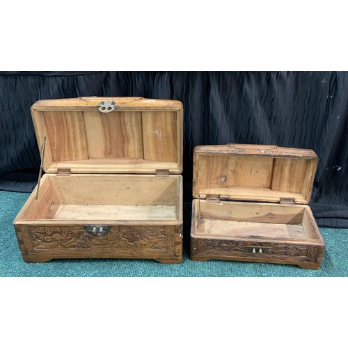 356 - 2 X CARVED ORIENTAL STYLE CADDIES/BOXES WITH BRASS LOCKS (ONE PART OF ONE LOCK MISSING)