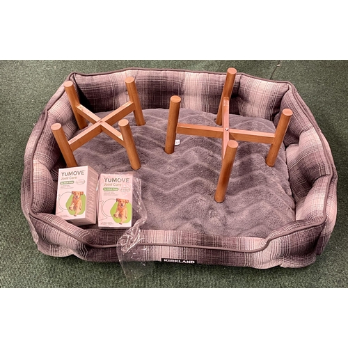 68 - KIRKLAND PLAID PLUSH DOG BED TOGETHER WITH YOUMOVE JOINT CARE TABLETS AND 2 X DOG BOWL RISER STANDS