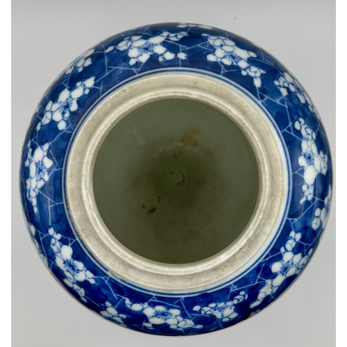 410 - AN ORIENTAL BLUE AND WHITE PRUNUS JAR, 14.1CM HIGH