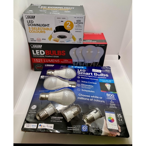 21 - BOXED THREE PACK FEIT LED WIFI SMART BULBS 800 LUMENS WIHTADPATERS (REQUIRE AN APP) TOGETHER WITH 3 ... 