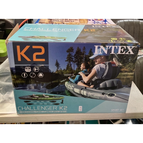 160 - BOXED INTEX K2 CHALLENGER INFLATABLE KAYAK WITH TWO PADDLES PUMP 3.51M X 76CMS X 38CMS- NOTE MISSING... 