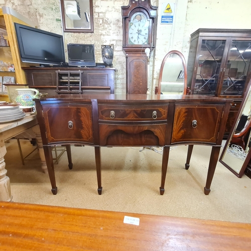 292 - REPRODUCTION INLAID MAHOGANY SHERATON PATTERN SIDEBOARD - SERPENTINE FRONT, TWO DRAWERS TO CENTRE, C... 