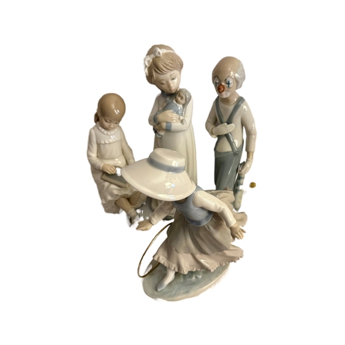 332 - FOUR (4) SPANISH PORCELAIN FIGURINES - NAO GIRL WITH HOOP, CASADES CLOWN FIGURE,  NAO GIRL WITH A CH... 