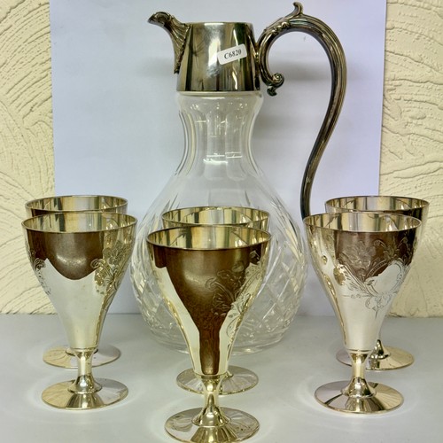 347 - A STUART CRYSTAL EPNS CLARET JUG WITH 6 EPNS ENGRAVED PLATED GOBLETS