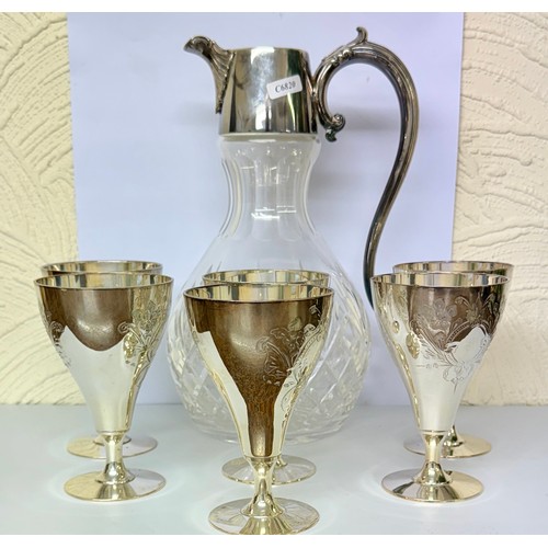 347 - A STUART CRYSTAL EPNS CLARET JUG WITH 6 EPNS ENGRAVED PLATED GOBLETS