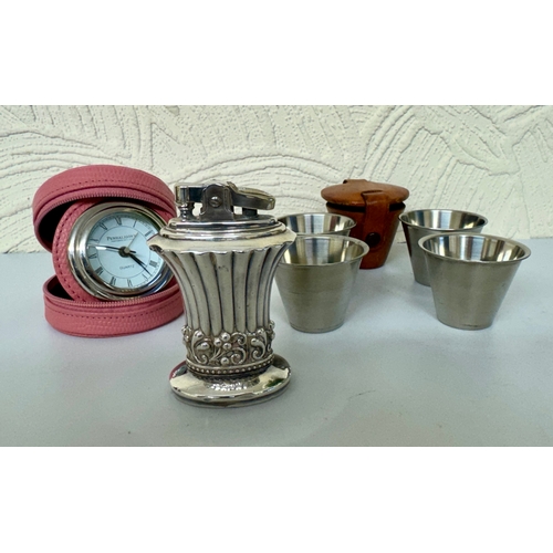 349 - A SET OF 4 DANISH S/STEEL TOT CUPS IN LEATHER CASE, A RONSON NEWPORT PETROL LIGHTER - PATNO.621570 A... 