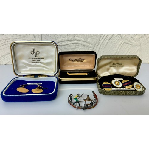 350 - A PAIR OF 9CT Y/GOLD DIAMOND CUT CUFFLINKS -APPX 4.65G, A PAIR OF BRIGADE OF GUARDS ENAMEL & PLATE C... 