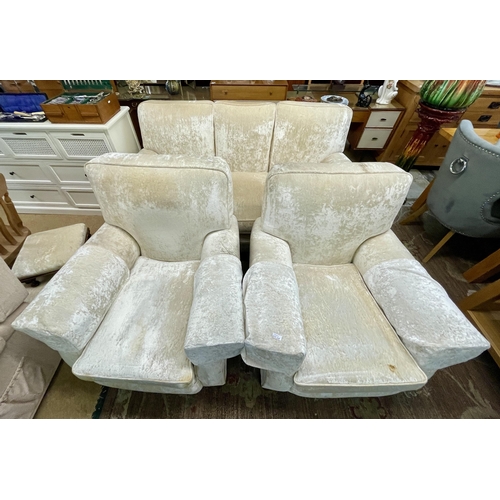 256 - A VINTAGE IVORY CRUSHED VELVET THREE PIECE SUITE - 3 SEAT SOFA, 2 ARMCHAIRS, 2 FOOTSTOOLS