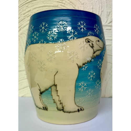 361 - A DENNIS CHINA WORKS SALLY TUFFIN POLAR BEAR VASE.  H.18CM X 14CM DIA. BY RORY MCLEOD AND HEIDI WARR