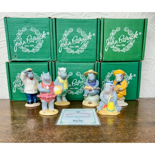 369 - A SET OF SIX (6) ROYAL DOULTON -BESWICK - HIPPOS ON HOLIDAY CERAMIC FIGURINES, BOXED -WITH 1 OVERALL... 