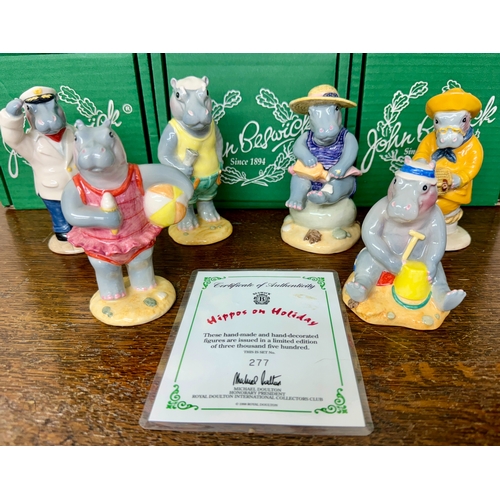 369 - A SET OF SIX (6) ROYAL DOULTON -BESWICK - HIPPOS ON HOLIDAY CERAMIC FIGURINES, BOXED -WITH 1 OVERALL... 