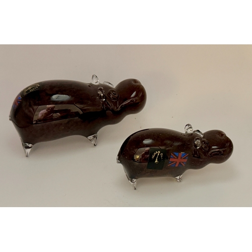 370 - TWO (2) LANGHAM GLASS HIPPO PAPERWEIGHT FIGURINES - MOTHER & CHILD