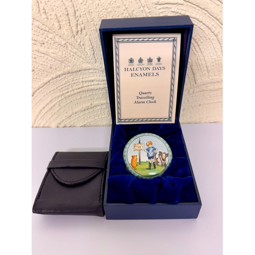 373 - A HALCYON DAYS ENAMEL WINNIE THE POOH TRAVELLING ALARM WITH LEATHER CASE, BOX AND CERTIFICATE