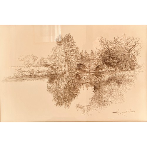 387 - WILLIAM GELDART SIGNED FRAMED LIMITED-EDITION PRINT - BEING 134 OF 600 SHOWING A RIVER SCENE WITH A ... 