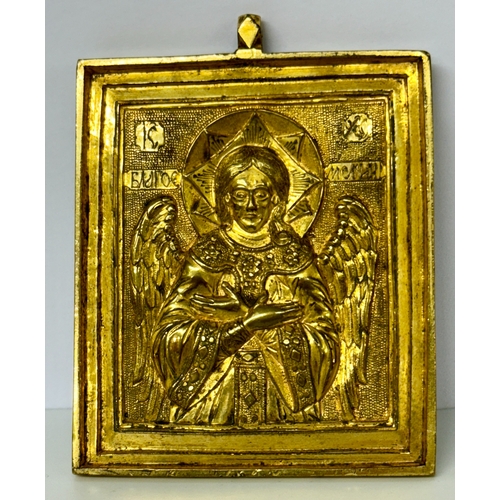 401 - RUSSIAN IKON: A GILDED BRONZE 19TH C. RUSSIAN ICON - 8.3X6.3CMS - ANGEL OF HOLY SILENCE