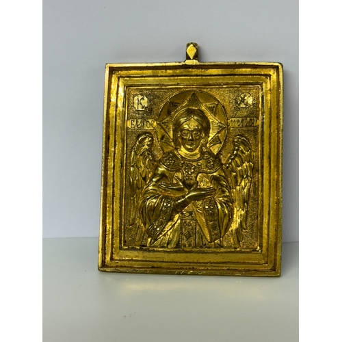 401 - RUSSIAN IKON: A GILDED BRONZE 19TH C. RUSSIAN ICON - 8.3X6.3CMS - ANGEL OF HOLY SILENCE