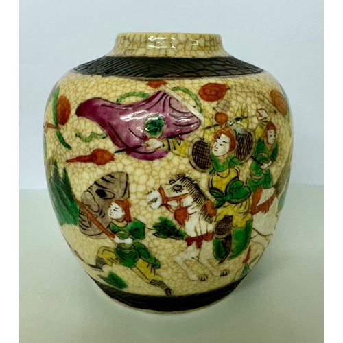 403 - A CHINESE CRACKLEGLAZE JAR: A CHINESE FAMILLED VERTE CRACKLEGLAZE JAR DEOCRATED WITH FIGURES IN A BA... 