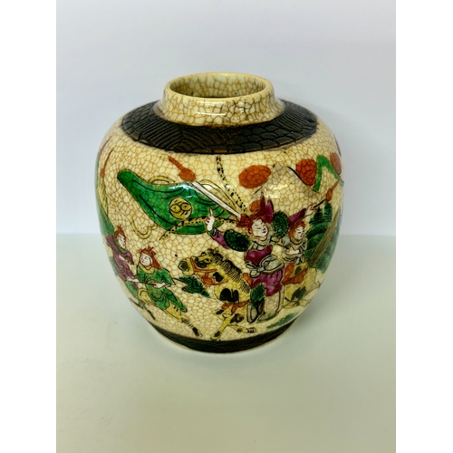 403 - A CHINESE CRACKLEGLAZE JAR: A CHINESE FAMILLED VERTE CRACKLEGLAZE JAR DEOCRATED WITH FIGURES IN A BA... 