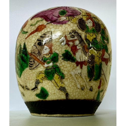 403 - A CHINESE CRACKLEGLAZE JAR: A CHINESE FAMILLED VERTE CRACKLEGLAZE JAR DEOCRATED WITH FIGURES IN A BA... 