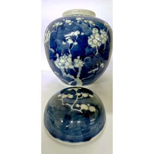 406 - CHINESE PRUNUS JAR: CHINESE BLUE & WHITE PRUNUS JAR WITH COVER C.1900 - H:18.5CMS OVERALL