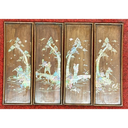 407 - A SET OF FOUR (4) CHINESE MOTHER OF PEARL INLAID HARDWOOD WALL PANELS  C.1900 DEPICTING VARIOUS FIGU... 