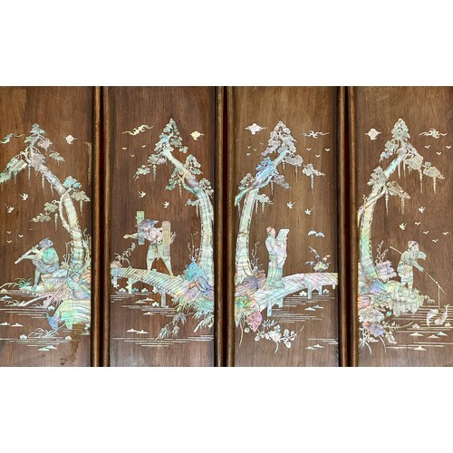 407 - A SET OF FOUR (4) CHINESE MOTHER OF PEARL INLAID HARDWOOD WALL PANELS  C.1900 DEPICTING VARIOUS FIGU... 