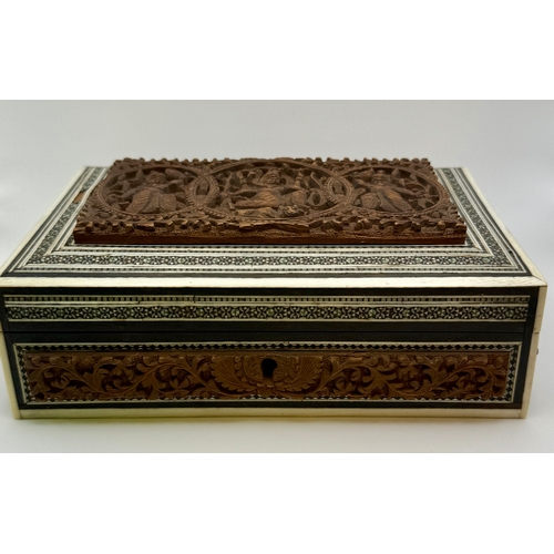 410 - A 19TH/20TH CENTURY INDIAN SANDALWOOD BOX WITH BONE AND MOSAIC BORDERS  18.5CM X 13.5CM X 6.5CM HIGH