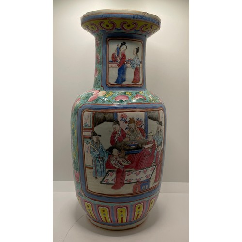 387A - A FAMILLE ROSE ORIENTAL STYLE VASE DEPICTING CHRYSANTHEMUM FLOWERS AND PEOPLE GATHERING FOR A FEAST ... 