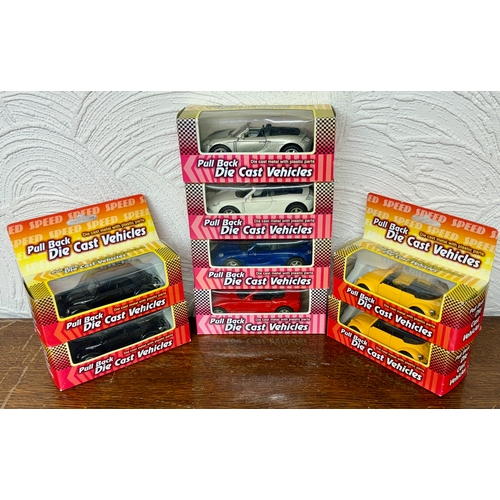 203 - EIGHT (8) PULL BACK DIE CAST MODEL CARS -BOXED -BY FUNTASTIC DIE CAST WITH PLASTIC PARTS - PULL BACK... 