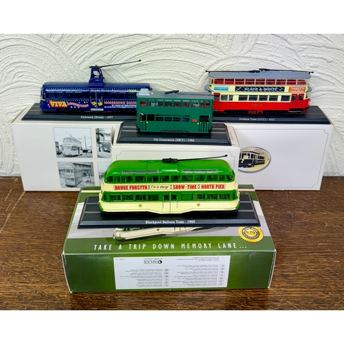 204 - THREE (3) ATLAS EDITIONS COLLECTIONS TRAMS INCL. RAILCOACH (BRUSH) 1937 BLACKPOOL, FELTHAM TRAM (UCC... 