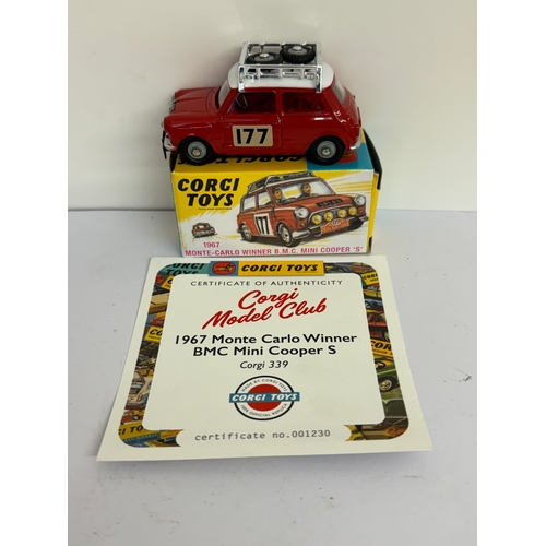 226 - Corgi Toys No. 339 Mini Cooper S Monte Carlo Winner, with red body, white roof, racing number 177, a... 