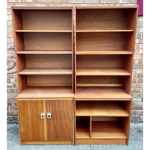 314 - MID-CENTURY TEAK MODULAR STYLE BOOKCASE - 3 BOOKCASES - 2 WITH CUPBOARD DRAWERS TO BASE, ONE WITH UN... 