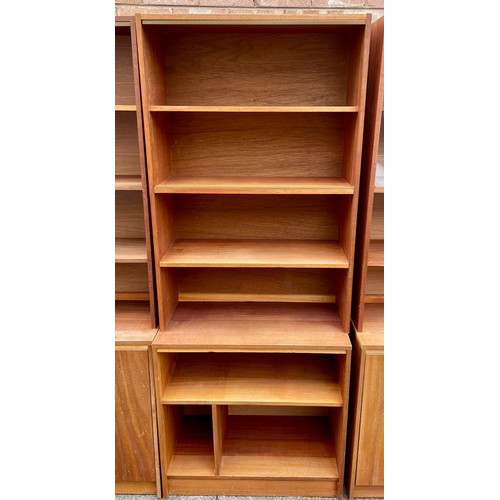 314 - MID-CENTURY TEAK MODULAR STYLE BOOKCASE - 3 BOOKCASES - 2 WITH CUPBOARD DRAWERS TO BASE, ONE WITH UN... 