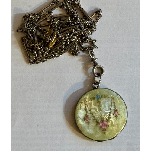 345 - ANTIQUE SILVER & GUILLOCHE ENAMEL LOCKET WITH WILD ROSE DECORATION ON A LONG WHITE METAL CHAIN