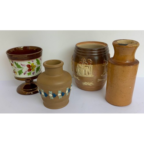 374 - DOULTON LAMBETH STONEWARE - TOBACCO JAR, BOTTLE AND SPRIGGED VASE TOGETHER WITH A 19TH C. LUSTREWARE... 