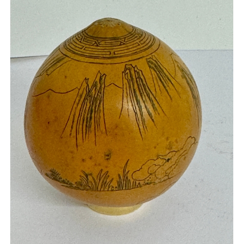 378 - CHINESE WARES: A CHINESE ENGRAVED GOURD H:6CMS DEPICTING - BUDDHA