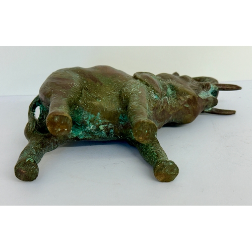 380 - A HEAVY BRONZE ELEPHANT FIGURE - TRUNK RAISED AND BELLOWING -SOUTH ASIAN, APPROX 18CMS LONG AND 1150... 