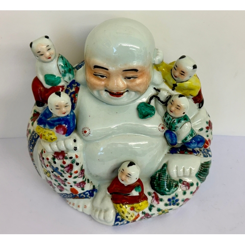 382 - A SUPERB LARGE REPUBLIC PERIOD FAMILLE ROSE LAUGHING BUDAI (BUDDHA) & CHILDREN DECORATED WITH POLYCH... 