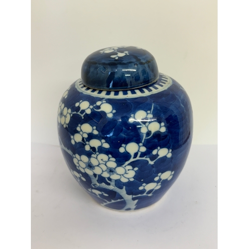 385 - A CHINESE BLUE & WHITE PRUNUS JAR & COVER LATE 19TH EARLY 20TH CENTURY BLUE TWIN RING MARK TO BASE-,... 