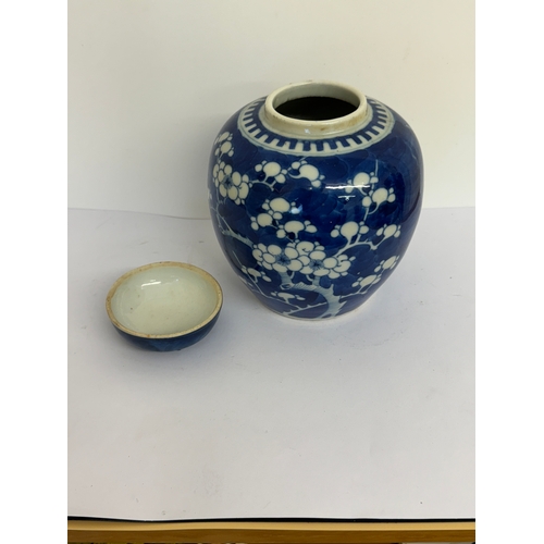 385 - A CHINESE BLUE & WHITE PRUNUS JAR & COVER LATE 19TH EARLY 20TH CENTURY BLUE TWIN RING MARK TO BASE-,... 