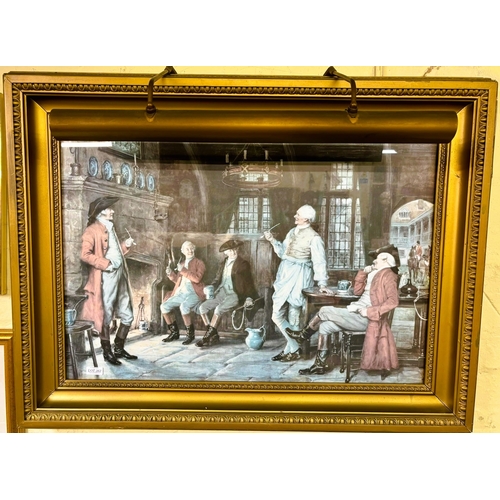 403 - LARGE FRAMED AND GLAZED PRINT BY FRANK MOSS BENNETT 'THE LANDLORDS STORY' WITH ATTACHED LIGTH - APPR... 