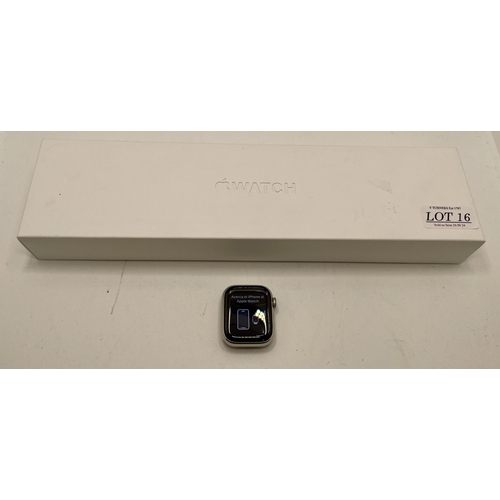 16 - BOXED APPLE SERIES 8 SMART WATCH - SILVER STAINLESS WITH WHITE SPORT BAND - 41MM - LFV125J7WC WITH C... 