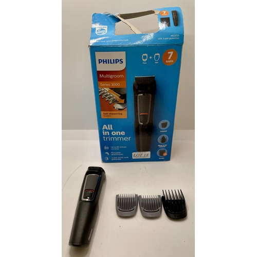 18 - BOXED PHILLIPS MULTI GROOM SERIES 3000 ALL IN ONE TRIMMER - WITH 3 HEAD ATTACHMENTS AND CHARGER