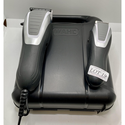 19 - WAHL HAIR CLIPPER AND SHAVER SET IN CARRY CASE WITH VARIOUS HEAD ATTACHMENTS