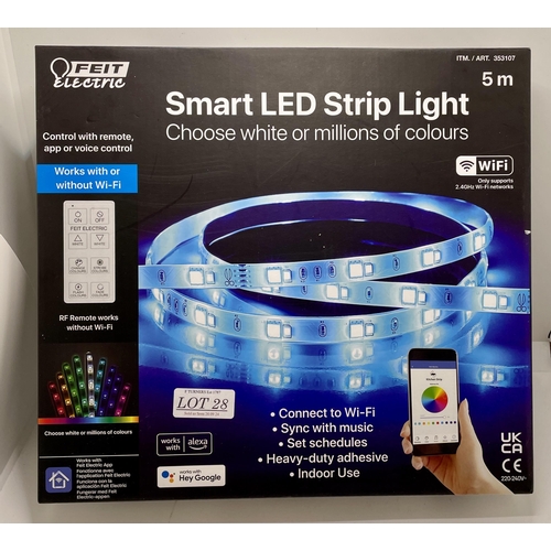 28 - FEIT ELECTRIC 5M SMART LED STRIPLIGHT - WORKS WITH ALEXA/HEY GOOGLE/APP/R/C - WORKS WITH OR WITHOUT ... 