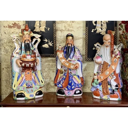 288 - 3 X WISE GOD STATUES - FUK, LUK & SAU -HANDPAINTED PORCELAIN WITH GOLD DETAIL -
 70CM H X 30CM W