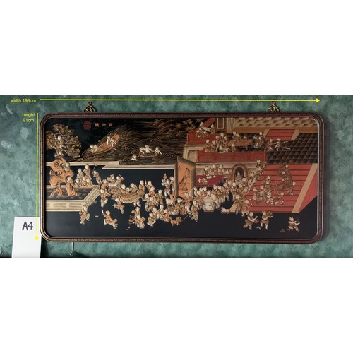 294 - A LARGE RECTANGULAR CHINESE DIORAMA OF CHILDREN AT PLAY IN A RURAL VILLAGE LANDSCAPE IN A GILT AND B... 