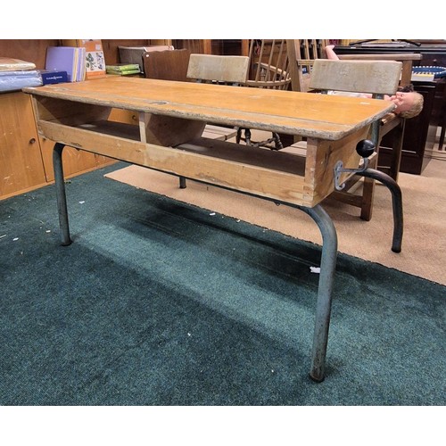 360 - A VINTAGE OAK AND METAL TWIN SCHOOL DESK WITH ATTATCHED SEATS,