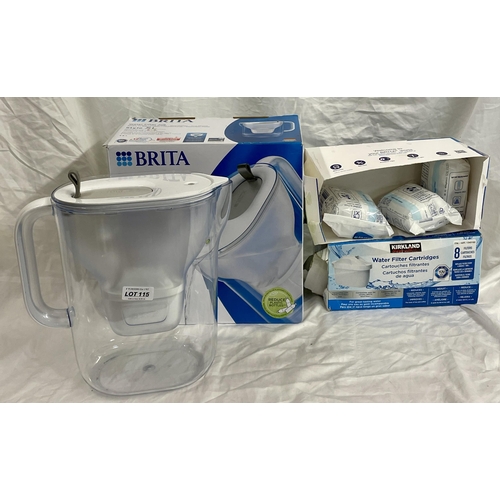 115 - BOXED BRITA 3.6L WATER FILTER JUG TOGETHER WITH A QTY OF BRITA AND KIRKLAND WATER FILTERS