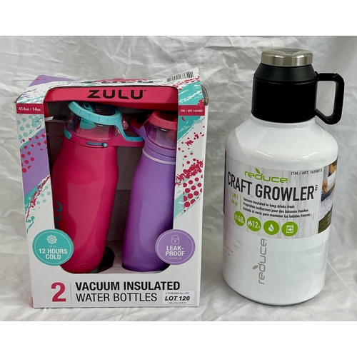 120 - BOXED SET OF X2 ZULU VACCUUM INSULATED WATER BOTTLES TOGETHER WITH REDUCE CRAFT GROWLER 1.89L INSULA... 